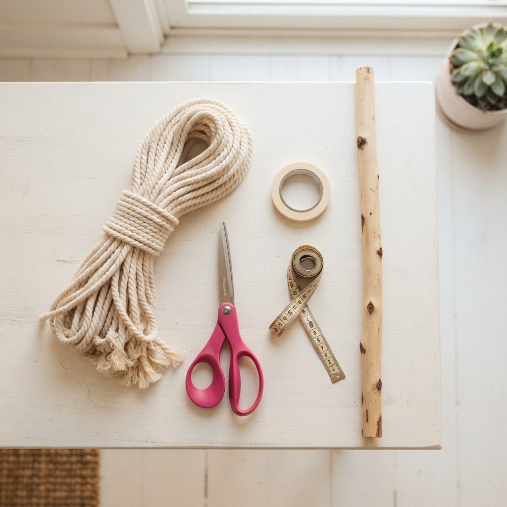 Supplies needed for a macrame wall hanging pattern including cotton cord, scissors, measuring tape, and wood dowel. Cream cotton cord, wooden dowel, scissors and measuring tape on a light table