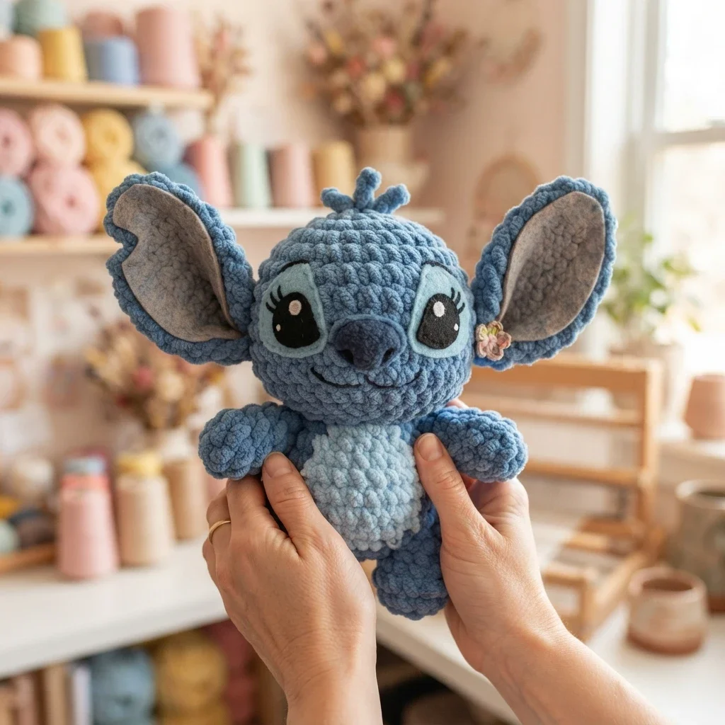 Finished blue crocheted plush character with large ears