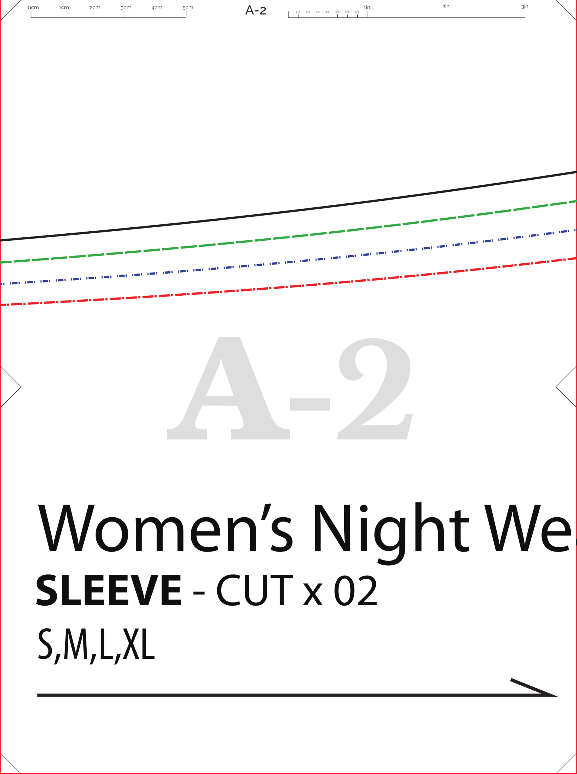 Women’s nightwear sewing pattern, US Letter sheet 2 of 37, layered S to XL pattern outlines