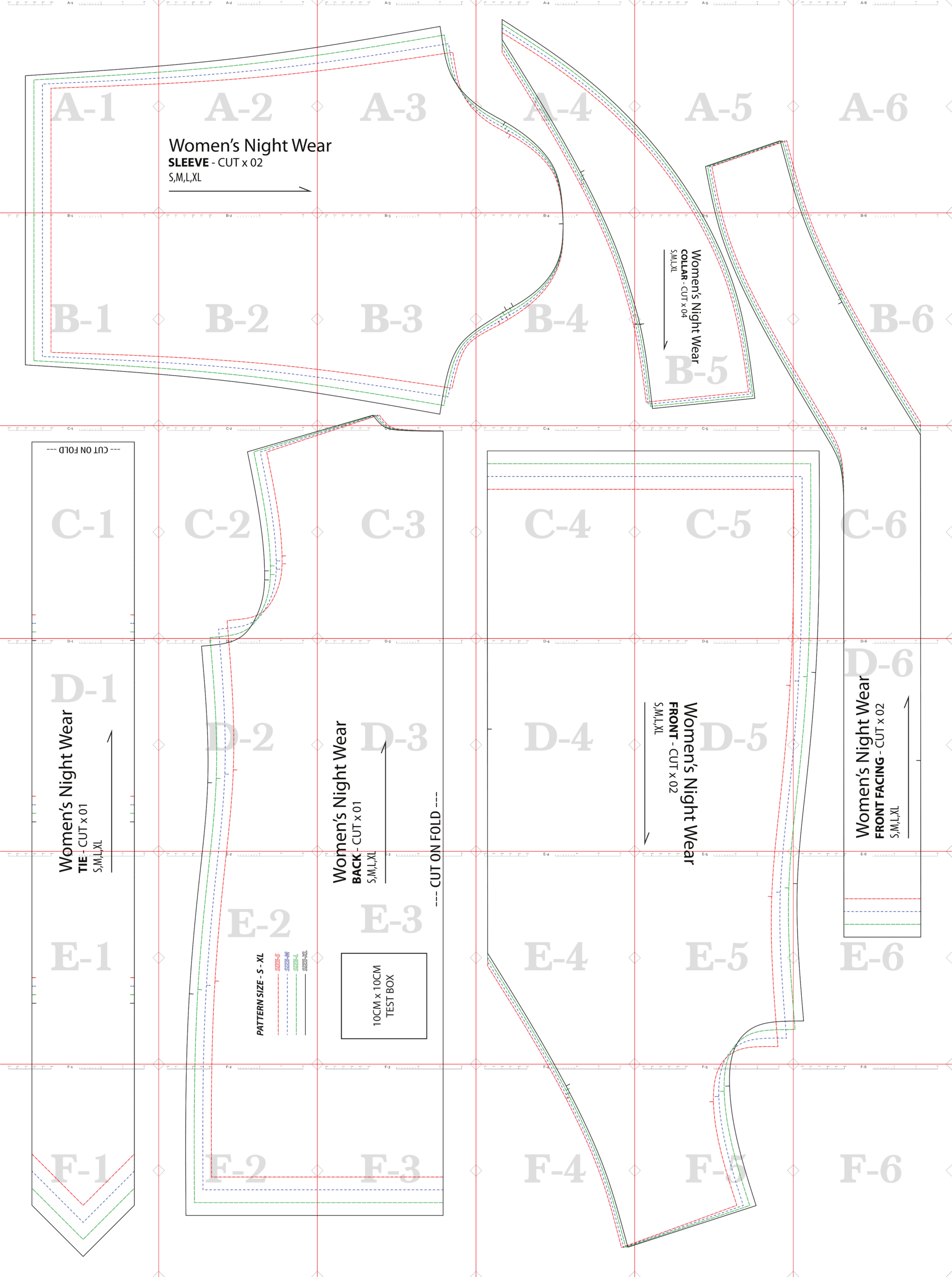 Women’s nightwear sewing pattern, US Letter sheet 37 of 37, layered S to XL pattern outlines