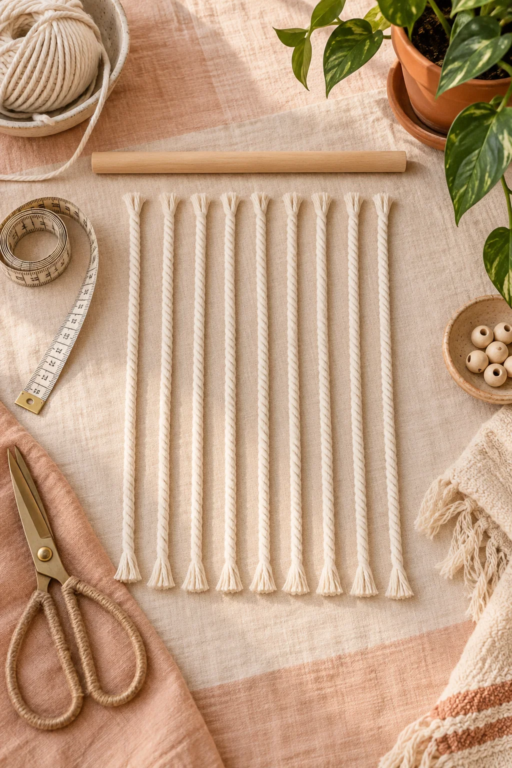 Eight equal cotton cords, wooden ring, measuring tape and scissors for a beginner macramé plant hanger