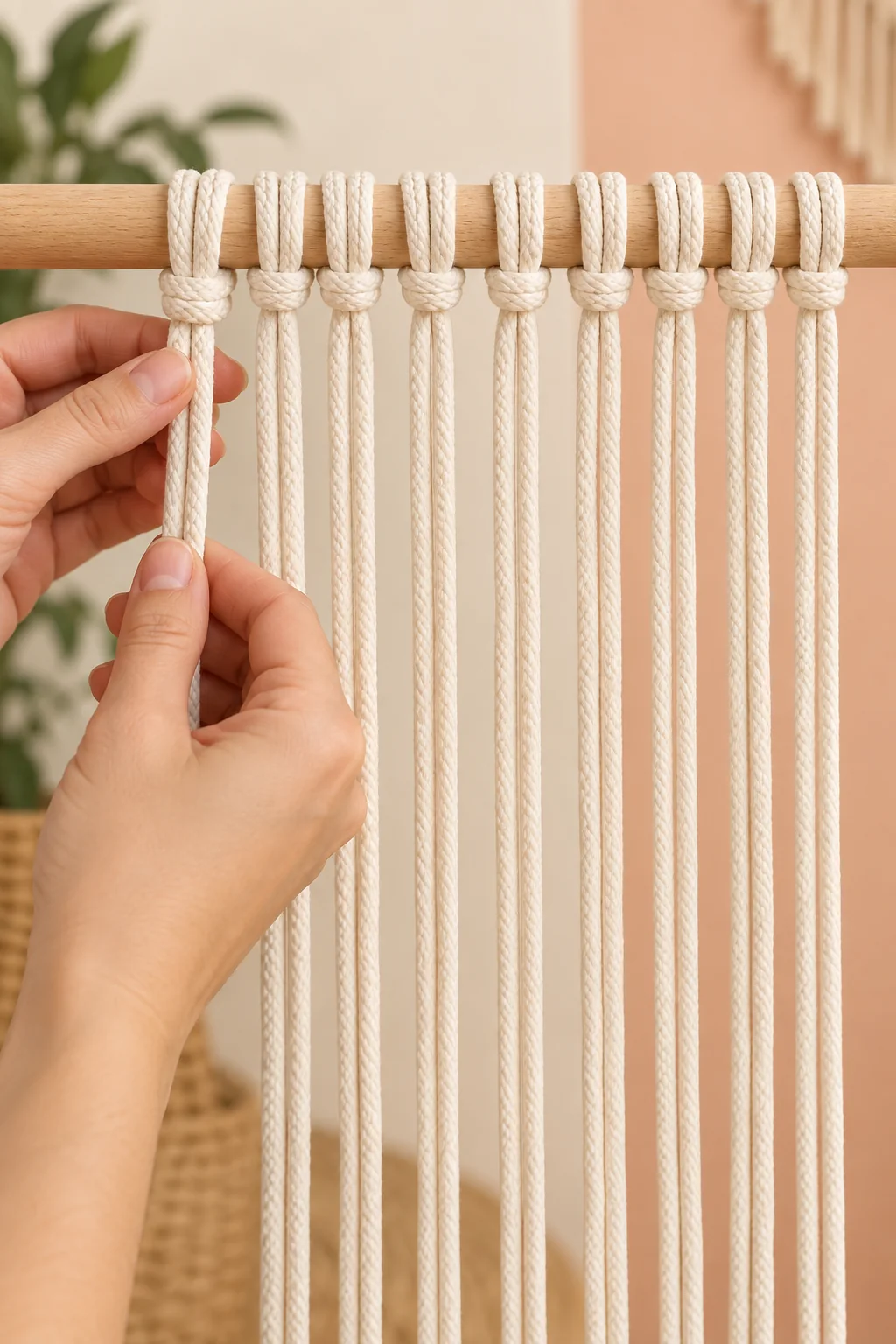 Ivory cotton cords folded over a wooden ring and secured with evenly spaced lark’s head knots