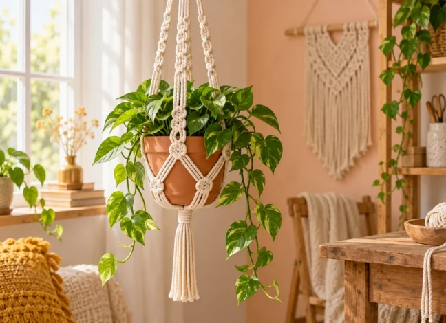 Horizontal image of an ivory macramé plant hanger holding a leafy pothos in a terracotta pot