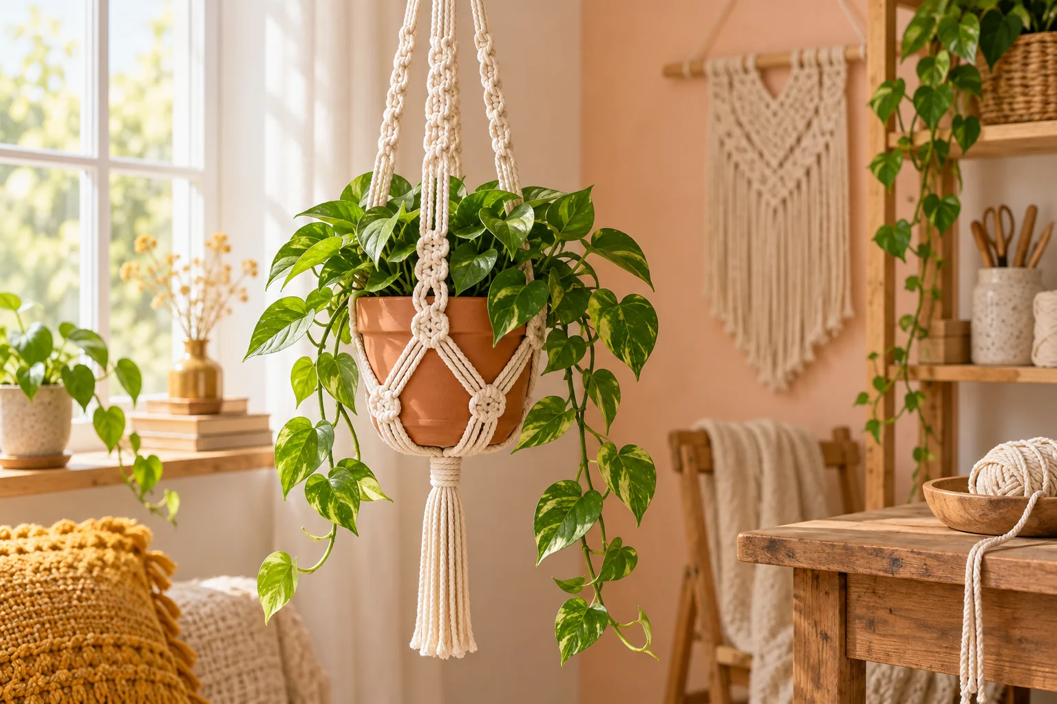 Horizontal image of an ivory macramé plant hanger holding a leafy pothos in a terracotta pot