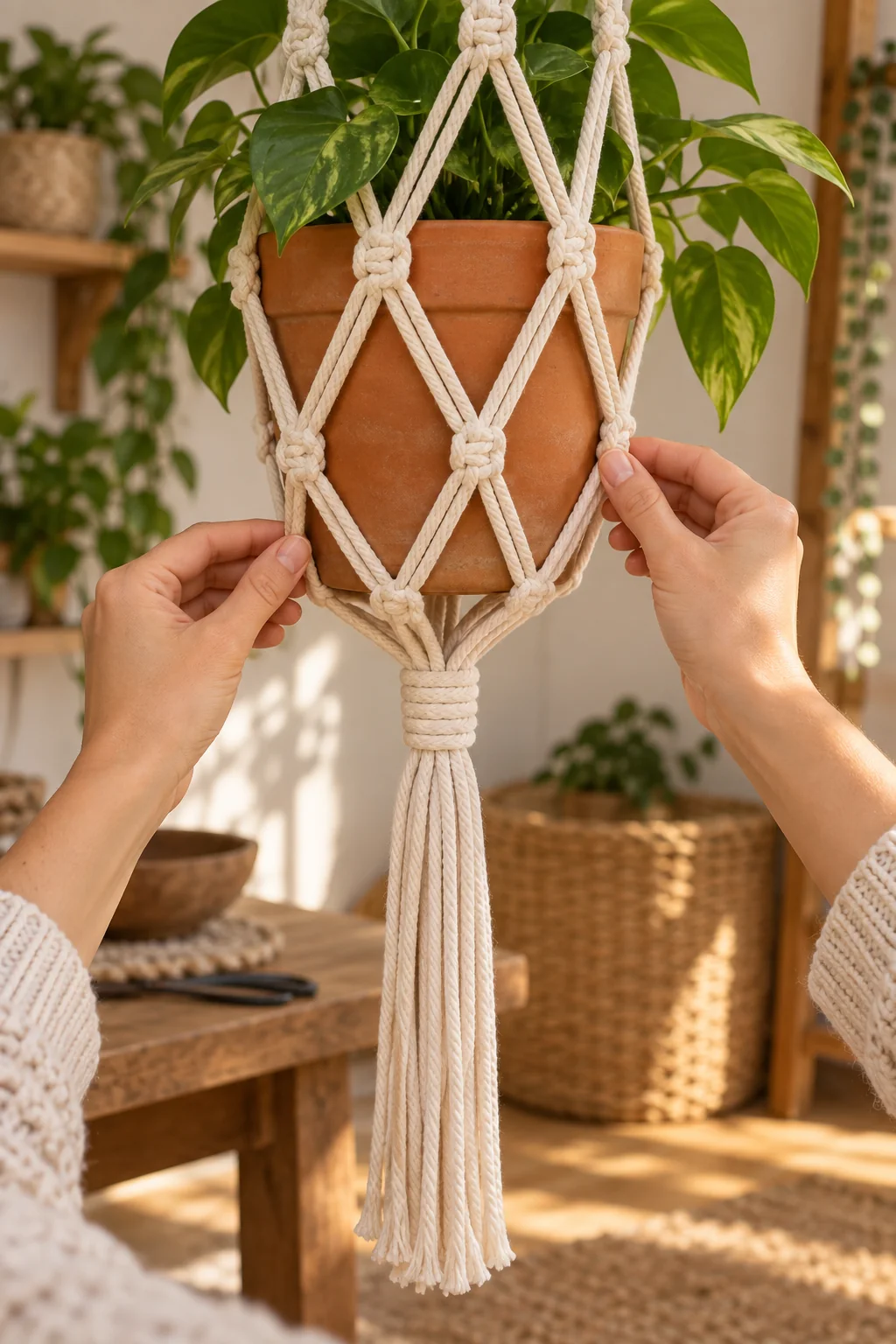 Terracotta pot resting in an evenly spaced diamond-knot cradle on a macramé plant hanger