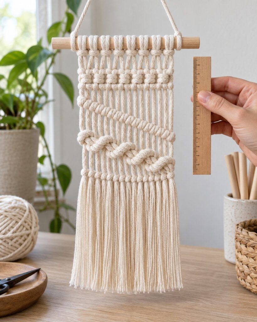 Finished macrame tension sampler with straight square knot rows, a diagonal ridge and even cotton fringe