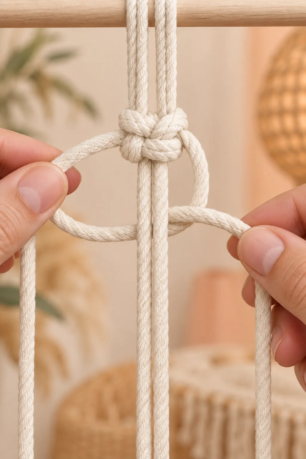 Close-up of ivory macramé cord crossing around two center filler strands to form a square knot