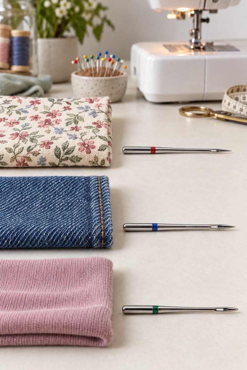 Sewing needles beside woven cotton, stretch knit and denim swatches