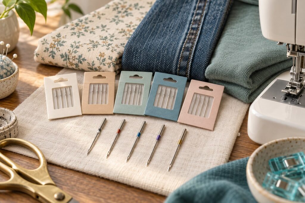 Sewing machine needles beside swatches of cotton, stretch knit and denim to illustrate fabric matching
