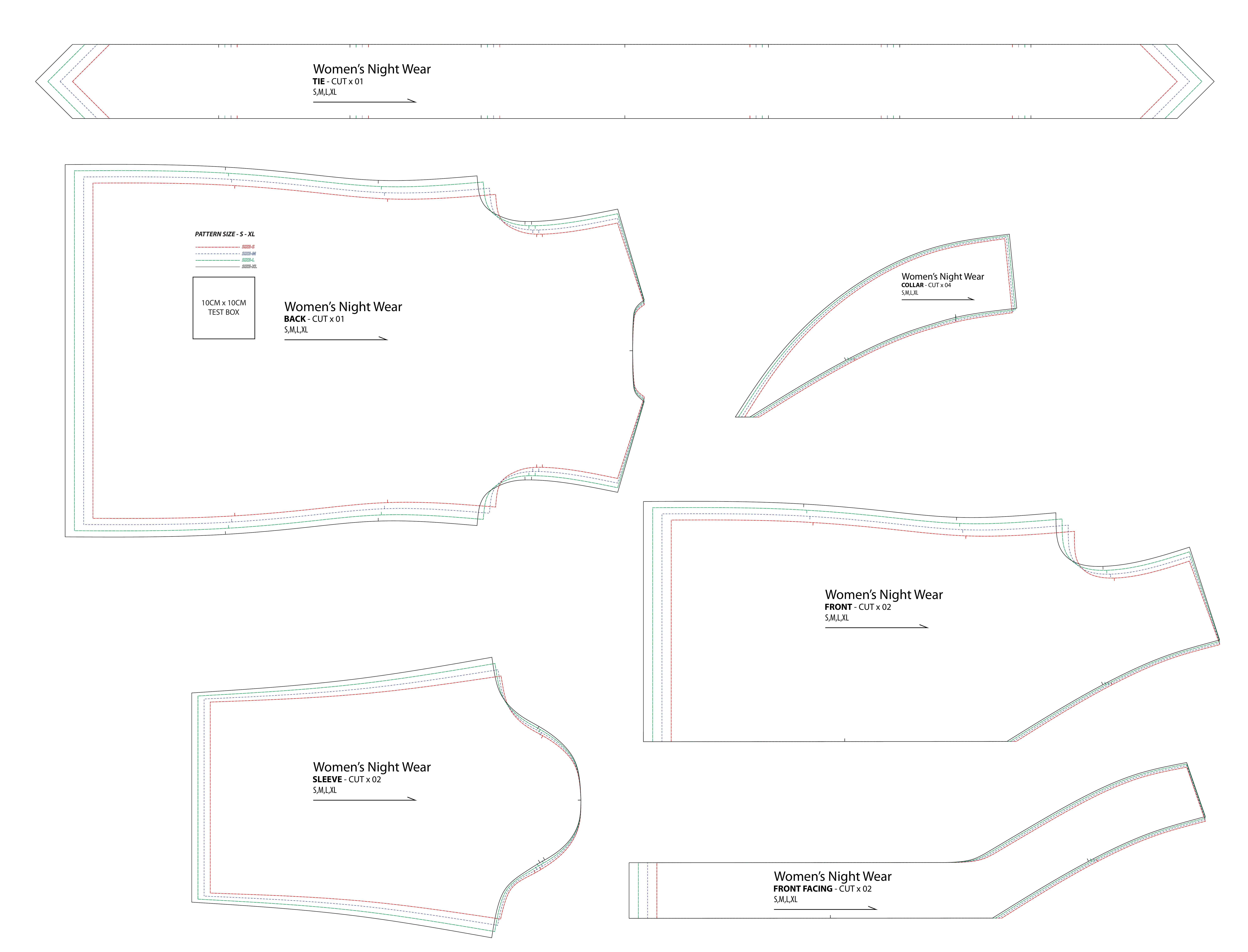 Women’s nightwear sewing pattern, projector full layout, layered S to XL pattern outlines