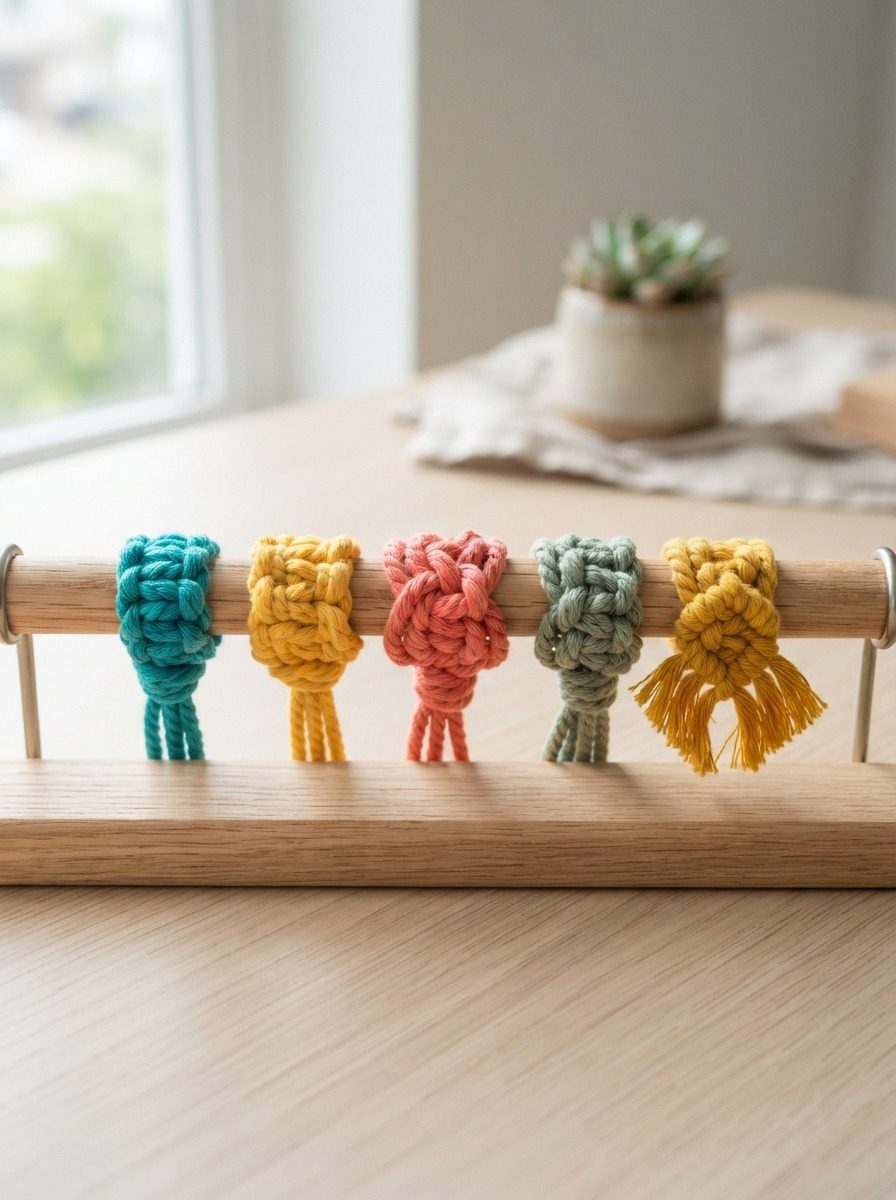 Sampler of essential macrame knots tied on a wooden dowel rod in a bright studio.