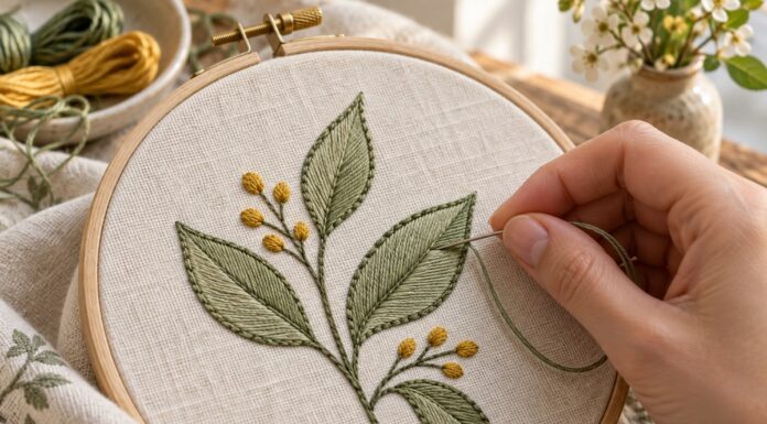 Embroidery hoop with a green leaf filled in neat, parallel satin stitches