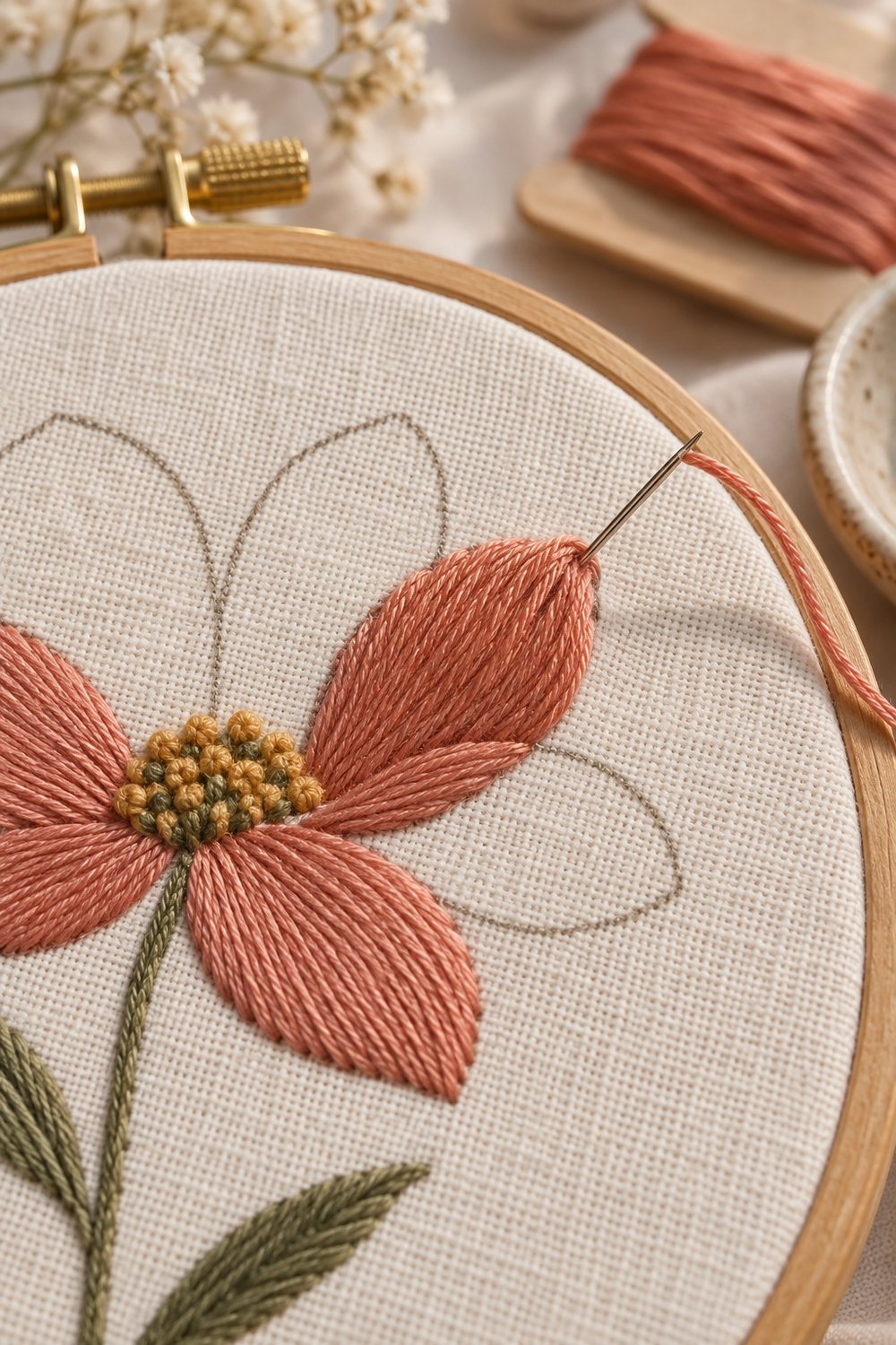 Satin stitch embroidery filling a flower petal with smooth, closely spaced stitches