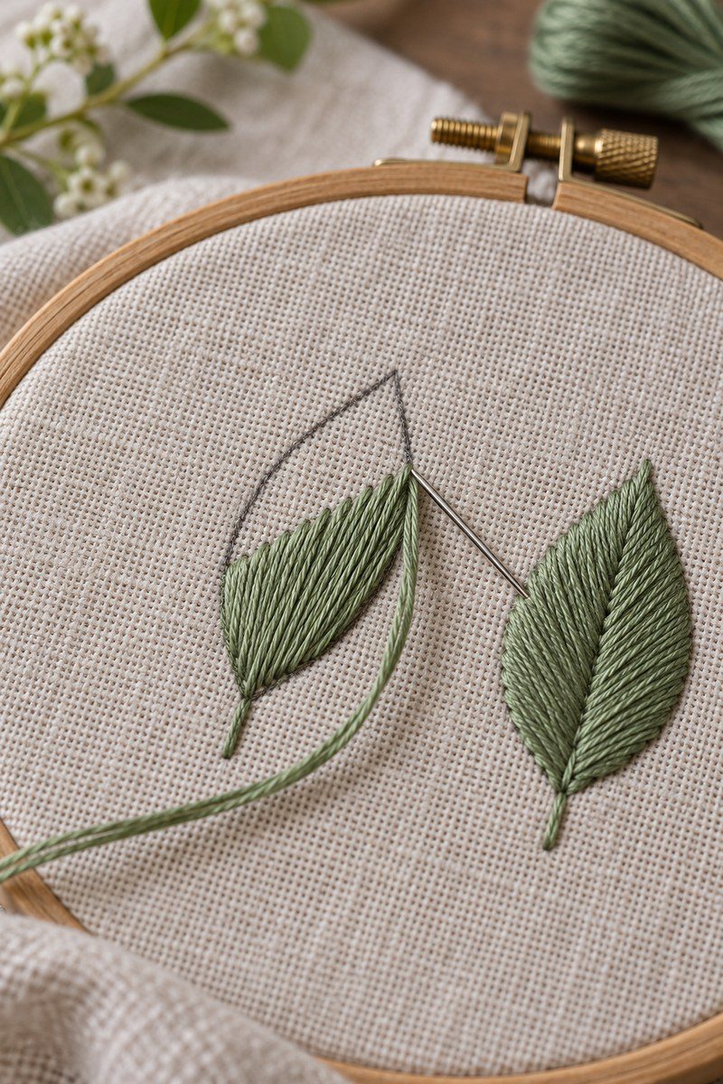 Embroidery hoop showing parallel satin stitches filling a small floral shape