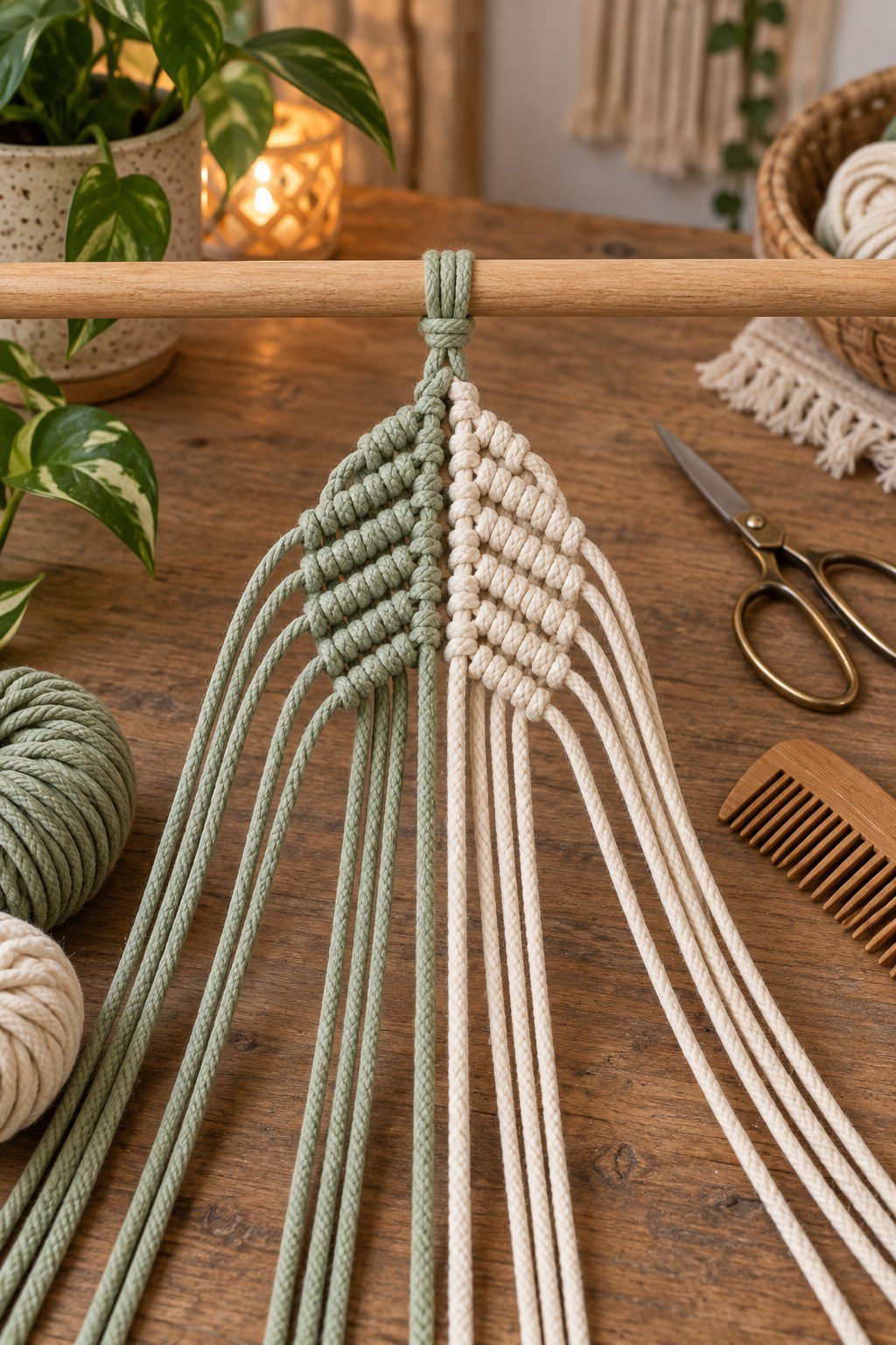 Macrame leaf in progress with matching diagonal double half hitch rows forming a tapered shape