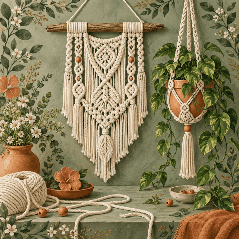 Botanical illustration of macramé wall art, cotton cord and a hanging planter