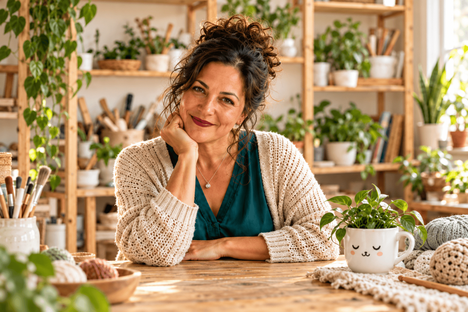Illustrative maker at a craft table with plants, yarn and handmade details