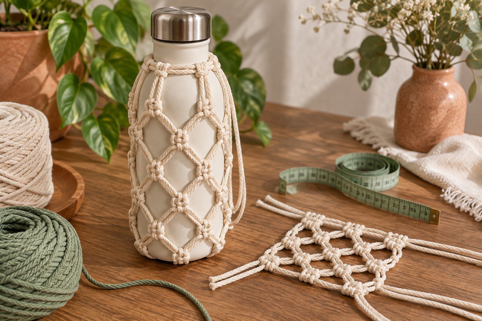 Supported bottle beside a net sample and measuring tape
