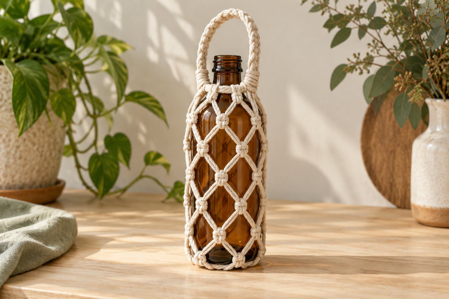 Amber bottle inside a cream knotted sleeve