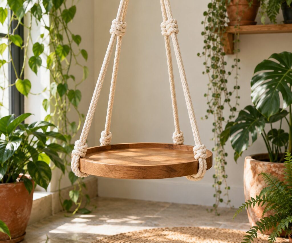 Round wooden hanging tray with four cotton supports