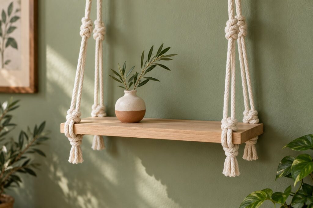 Decorative oak shelf suspended with cream cotton cords